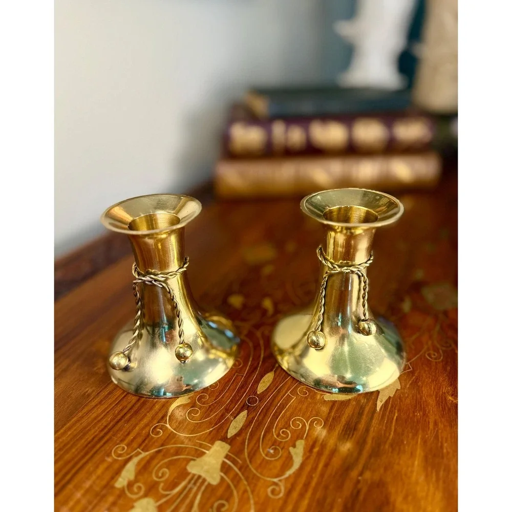 Vintage Brass Candlestick Pair • Tassel Taper Candle Holders